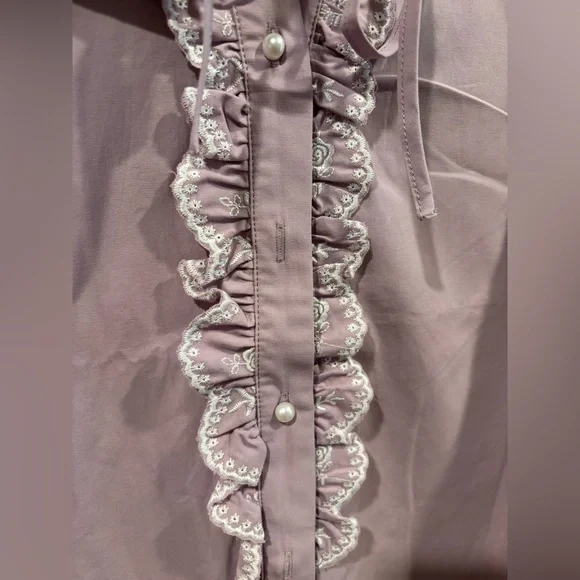 Pink Ruffled Long Sleeve Blouse with Bib Collar - Picture 4 of 10